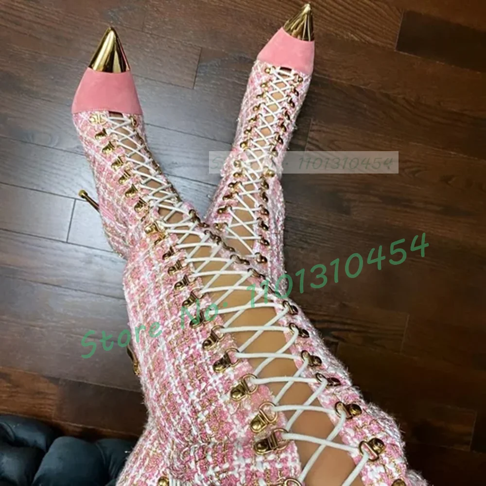 Pink Plaid Hollow Tall Boots W - Sock Boot Women 评论和价格