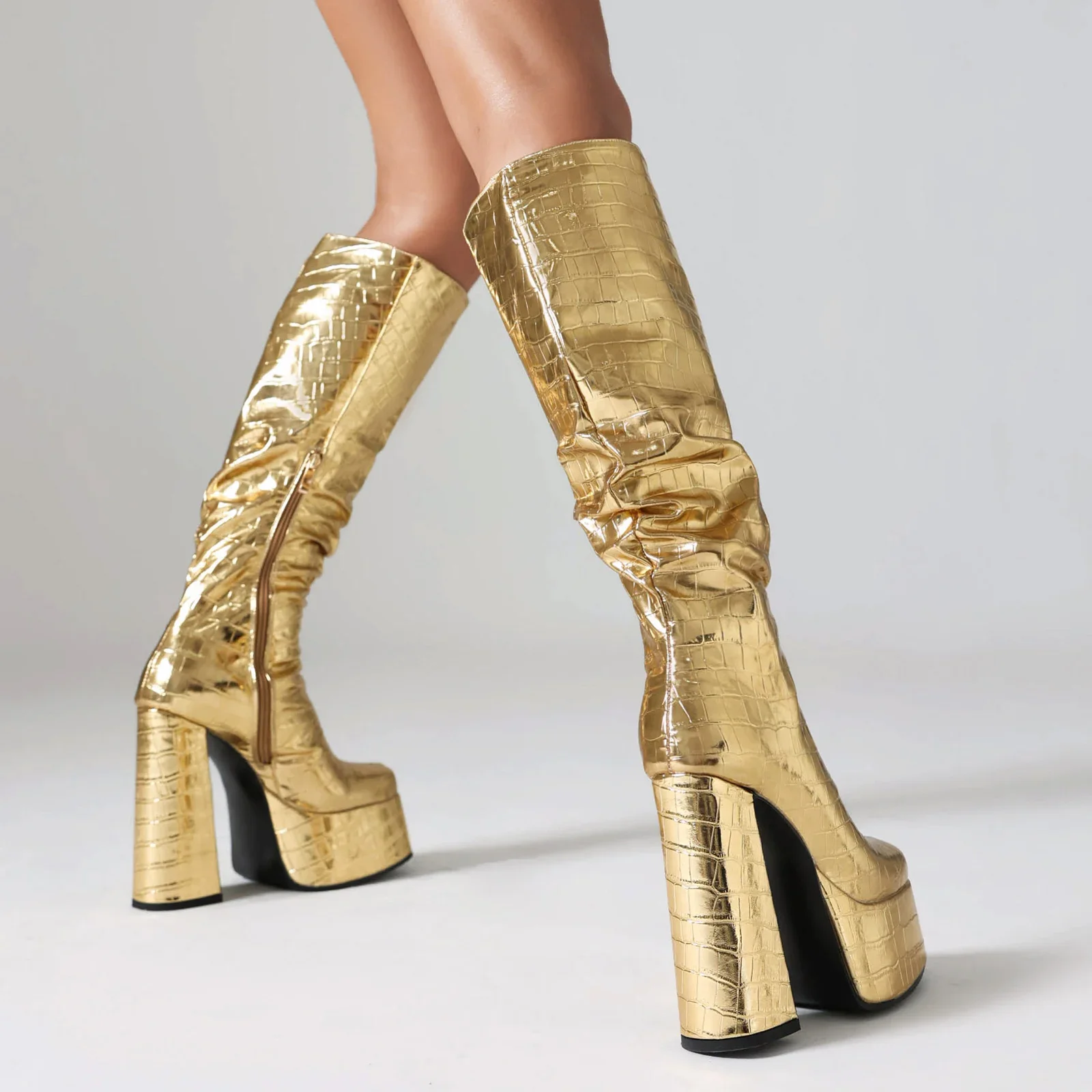 Shiny Silver Women Pleated Pla - Knee High Boots Women 评论和价格